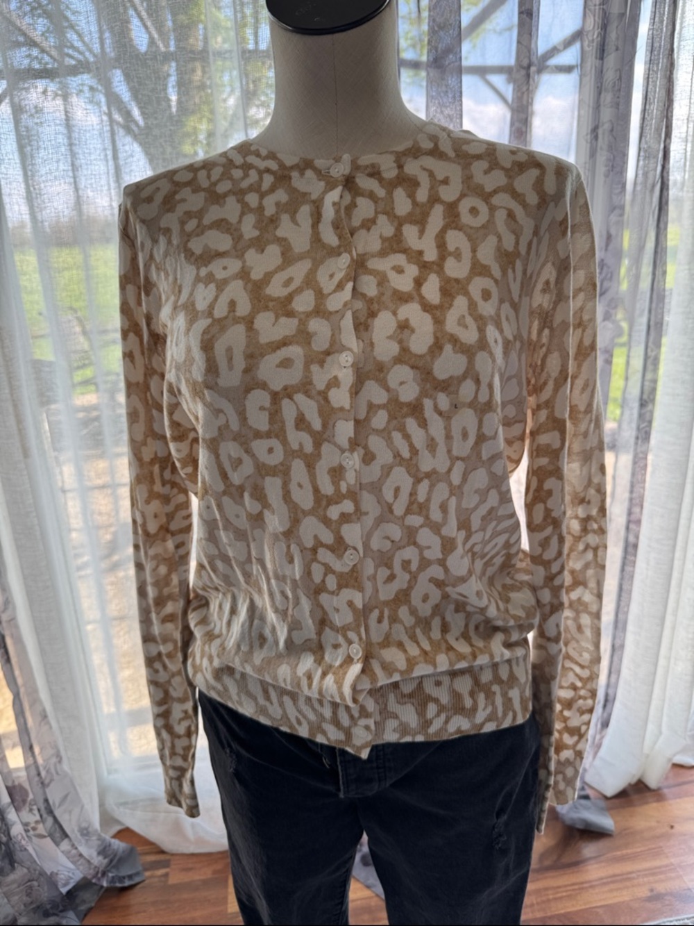 Ann Taylor Factory Beige & White Animal-Print Button Cardigan